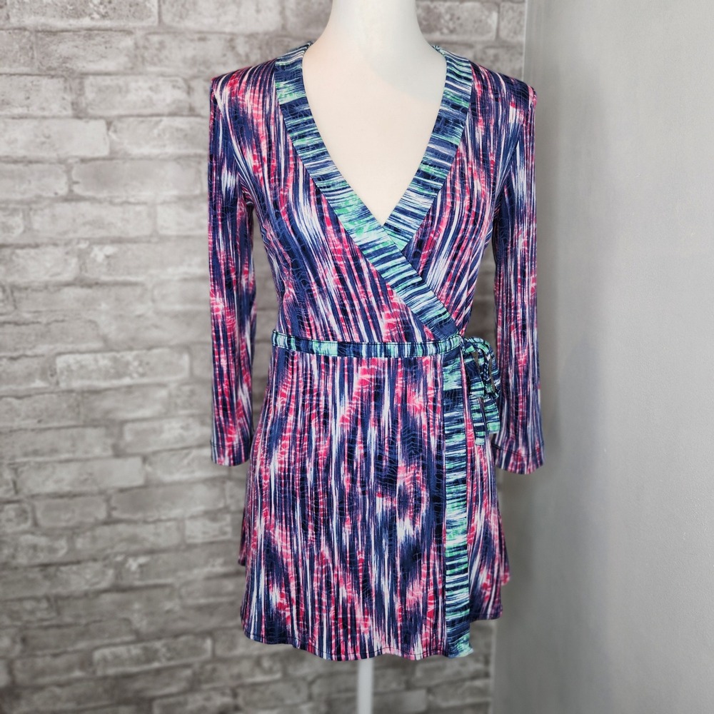 BCBG Max Azria Wrap Tunic Top Abstract Stripe Y2K Retro Mod XXS